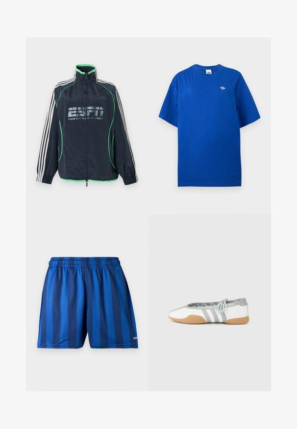 Veste de sport Adidas bleu marine avec bordure verte, trois bandes blanches sur les manches, fermeture éclair à l'avant, et logo "ESPN There's No Place Like Sports".; T-shirt Adidas bleu à manches courtes et col rond avec un petit logo blanc trefoil Adidas sur la poitrine gauche.; Shorts de sport bleus avec des rayures verticales foncées et claires et une ceinture élastique en tissu maille respirant.; Ballerines blanches et grises avec un bout arrondi et un lacet élastique, présentant trois rayures grises, et une semelle en caoutchouc beige.