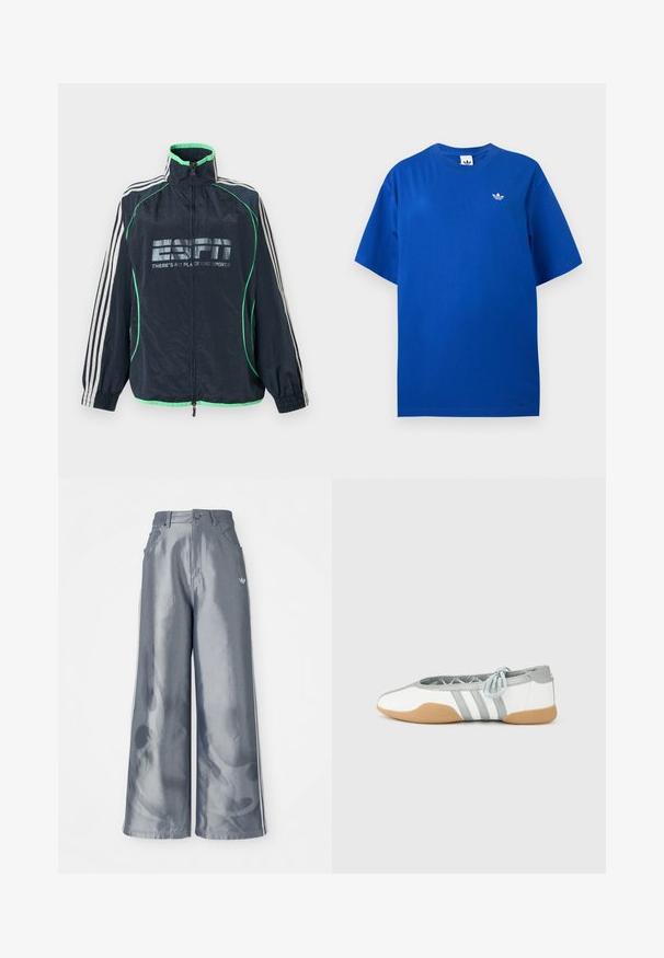Chaqueta deportiva Adidas azul marino con ribete verde, tres rayas blancas en las mangas, cremallera frontal y logotipo "ESPN No hay lugar como el deporte".; Camiseta Adidas azul de manga corta con cuello redondo y pequeño logo blanco de trébol Adidas en el pecho izquierdo.; Pantalones de pierna ancha en material gris brillante, con rayas laterales blancas y un patrón de llamas en la parte inferior de las piernas. Cierre con botón y cremallera en la cintura.; Bailarinas blancas y grises con punta redondeada y cordón elástico, con tres rayas grises y suela de goma beige.