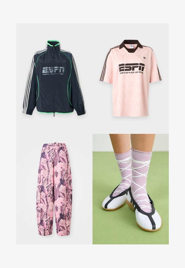 Tmavomodrá športová bunda Adidas so zeleným lemovaním, bielymi tromi pruhmi na rukávoch, predným zipsom a logom "ESPN There's No Place Like Sports".; Svetloružové športové tričko Adidas s tmavohnedým golierom a pruhmi, s nápisom "ESP1" a "NEEXISTUJE MIETO AKO ŠPORT" na prednej strane.; Ružové a fialové široké nohavice s vzorom obsahujúce dizajn listov a vetvičiek, s vysokým pásom a bočnými vreckami pre väčšiu funkčnosť.; Nohy v rebrovaných levanduľových ponožkách s bielymi krížovými pásmi v kombinácii s bielymi baletnými papučkami s čiernym lemom na zelenej podlahe.