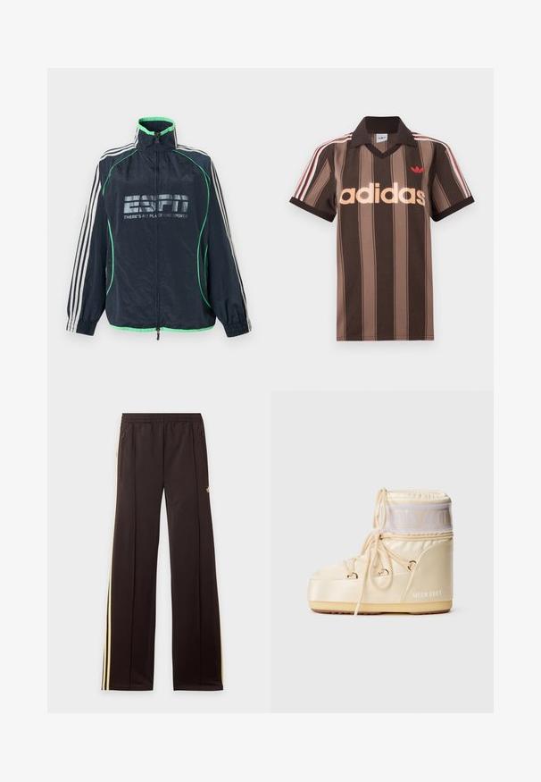 Αθλητικό μπουφάν Adidas σε ναυτικό μπλε με πράσινη επένδυση, λευκές τρεις ρίγες στα μανίκια, φερμουάρ μπροστά και λογότυπο «ESPN There's No Place Like Sports».; Καφέ ριγέ πόλο μπλουζάκι Adidas με V-λαιμόκοψη, μπορντό γιακά και κόκκινο λογότυπο. Διαθέτει λευκές και κόκκινες ρίγες στους ώμους, κοντά μανίκια.; Μαύρη φόρμα με κίτρινες πλαϊνές ρίγες, ελαστική μέση, πλαϊνές τσέπες με φερμουάρ και μικρό λογότυπο στο πάνω μέρος του μηρού.; Κρεμ μπεζ πλενόμενη χειμερινή μπότες με παχύ πάτο, κορδόνια μπροστά και επωνυμία "MOON BOOT" στο πλάι και στην άνω περιφέρεια.
