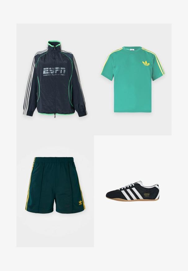 Meresinine Adidas spordijakk rohelise ääristuse ja valgete kolmetriipudega varrukatel, esikolmnurkne tõmblukk ning "ESPN There's No Place Like Sports" logo.; Roheline puuvillane T-särk lühikeste varrukatega, kollaste triipudega õlgadel ja rinnal tikitud kolmelehine logo.; Tumed roheline spordilühike, millel on elastne vöökoht, kollased külgribad ja tikandiga kollane logo sääreosas.; Must musta tennisjalanikesed valgete kolme triibuga, kuldse logo ja pruuni kummitaldiga. Omab madalat sidumise disaini.