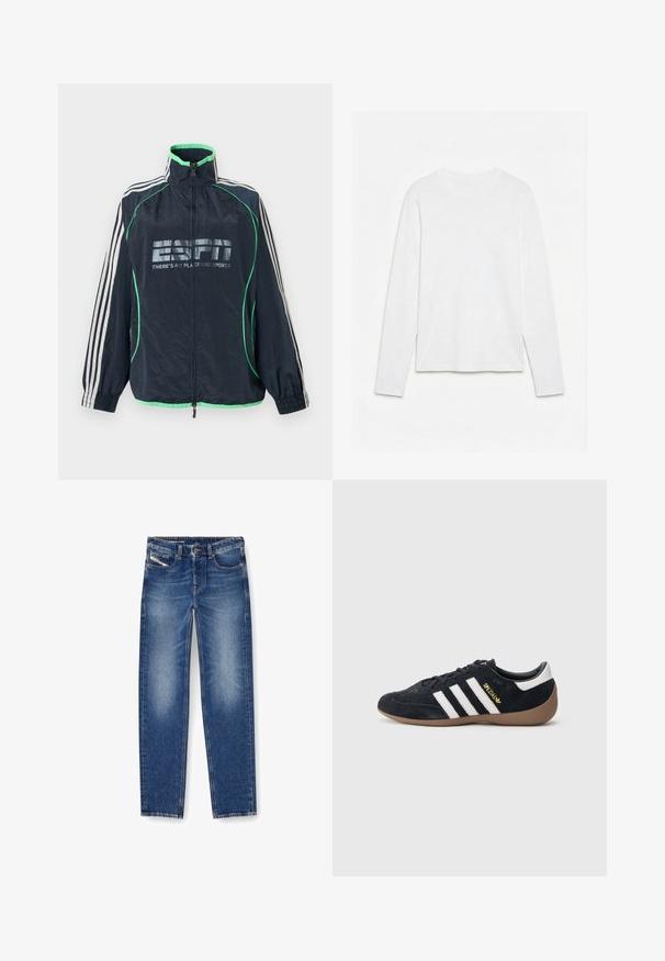 Marineblå Adidas sportjakke med grøn kant, hvide tre striber på ærmerne, lynlås foran og "ESPN There's No Place Like Sports" logo.; Helt hvid langærmet t-shirt med rund hals lagt fladt på en hvid overflade, der viser fronten og hele ærmelængden.; Denim jeans i medium blåt med en falmet finish. Har fem lommer, bæltestropper og lige ben. Syningerne er synlige.; Sort ruskindssneaker med tre hvide striber, gummisål og et lille gyldent logo på siden. Har en glat sort foring indvendigt.