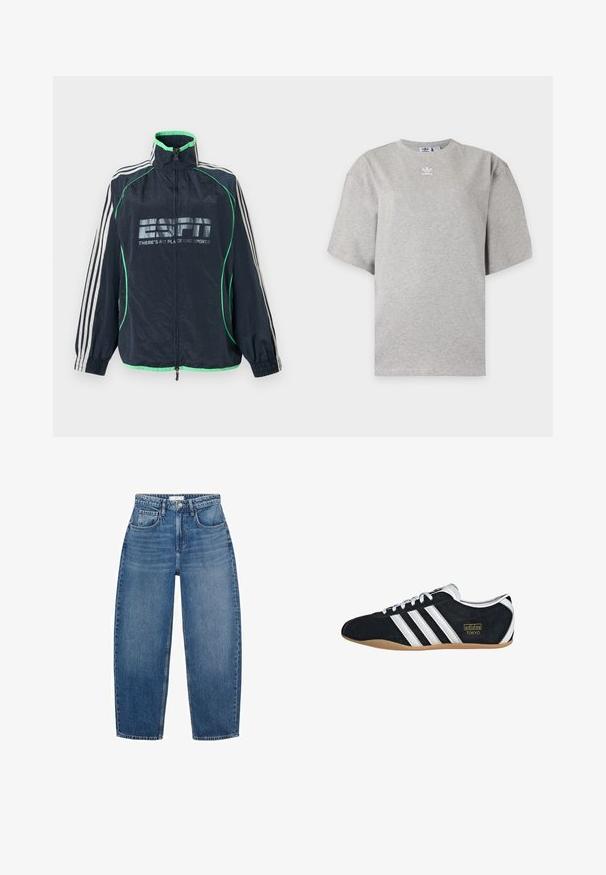 Marineblauwe Adidas sportjas met groene afwerking, witte drie strepen op de mouwen, ritssluiting aan de voorkant en het logo "ESPN There's No Place Like Sports".; Lichtgrijs Adidas T-shirt met korte mouwen, ronde hals en klein wit Adidas-logo op de borst, weergegeven op een effen achtergrond.; Hoge taille blauwe denim jeans met een rechte pijp, voorzien van vijf zakken, riemlussen en subtiele vervaging voor extra textuur.; Zwarte suède sneaker met witte drie strepen, gouden logo en een bruine rubberen zool. Heeft een laag profiel vetersluiting ontwerp.