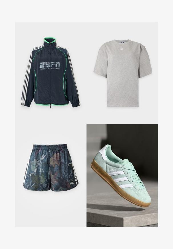 Chaqueta deportiva Adidas azul marino con ribete verde, tres rayas blancas en las mangas, cremallera frontal y logotipo "ESPN No hay lugar como el deporte".; Camiseta Adidas de manga corta color gris claro con cuello redondo y pequeño logo blanco de Adidas en el pecho, mostrada sobre un fondo liso.; Shorts para adultos con un patrón de hojas multicolores sobre un fondo oscuro, con una cintura elástica y rayas laterales en blanco.; Zapatilla Adidas Gazelle en ante verde menta con acentos blancos, cierre con cordones y suela de goma. Presenta tres franjas blancas.