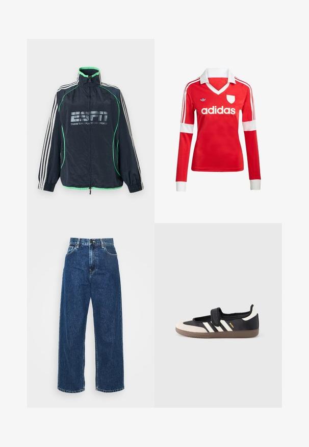 Marineblauwe Adidas sportjas met groene afwerking, witte drie strepen op de mouwen, ritssluiting aan de voorkant en het logo "ESPN There's No Place Like Sports".; Rode lange mouwen voetbalshirt met een witte kraag en manchetten. Heeft drie witte strepen op de schouders en het "adidas" logo prominent weergegeven.; Lichtblauwe denim wijde broek met hoge taille, zichtbare stiksels en standaard zakken. Voorzien van een knoop- en ritssluiting.; Zwart-beige sneaker met een klittenbandsluiting, drie witte strepen aan de zijkant en een getextureerde bruine rubberen zool. Merkembleem zichtbaar.