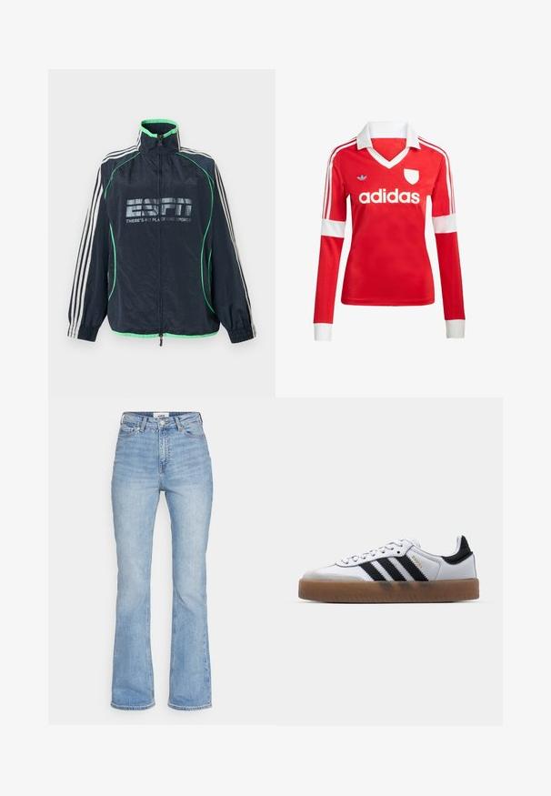 Marineblaue Adidas-Sportjacke mit grünem Rand, weißen drei Streifen an den Ärmeln, Frontreißverschluss und "ESPN There's No Place Like Sports"-Logo.; Rotes Fußballtrikot mit langen Ärmeln, weißem Kragen und weißen Ärmelbündchen. Es hat drei weiße Streifen auf den Schultern und das "adidas"-Logo ist auffällig platziert.; Hellblaue Denim-Jeans mit hohem Bund und Schlag, ausgestattet mit einem klassischen Fünf-Taschen-Design und sichtbaren Nähten an den Nähten.; Weiße Leder Sneakers mit schwarzen Streifen, Gummigummi-Außensohle, runder Zehenform, Schnürverschluss und weichem grauem Wildleder-Zehenkappe.