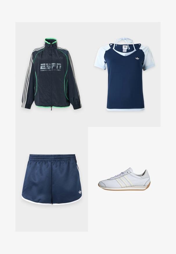 Αθλητικό μπουφάν Adidas σε ναυτικό μπλε με πράσινη επένδυση, λευκές τρεις ρίγες στα μανίκια, φερμουάρ μπροστά και λογότυπο «ESPN There's No Place Like Sports».; Κοντομάνικη μπλούζα Adidas σε ναυτικό και ανοιχτό μπλε με V-λαιμόκοψη, λογότυπο στο στήθος και τιράντα halter δεμένη στο πίσω μέρος του λαιμού.; Σκούρο μπλε αθλητικό σορτς με ελαστική μέση, λευκή επένδυση στις άκρες και μικρό λευκό λογότυπο στο κάτω δεξί πόδι.; Λευκά αθλητικά παπούτσια με γκρι λεπτομέρειες, λεία δερμάτινη υφή, επίπεδη ελαστική σόλα και τρεις παράλληλες ρίγες στα πλαϊνά.
