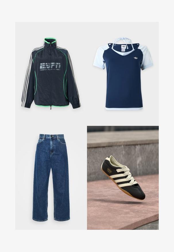 Marineblaue Adidas-Sportjacke mit grünem Rand, weißen drei Streifen an den Ärmeln, Frontreißverschluss und "ESPN There's No Place Like Sports"-Logo.; Adidas kurzärmeliges Oberteil in Marineblau und Hellblau mit V-Ausschnitt, Logo auf der Brust und Neckholder-Träger, die hinten am Nacken gebunden sind.; Helle blaue Denim-Breitbeinhosen mit hoher Taille, sichtbaren Nähten und normalen Taschen. Verfügt über einen Knopf- und Reißverschluss.; Schwarzer Sportschuh mit cremefarbenen Streifen und Schnürsenkeln, mit niedrigem Profil, glatter Textur und einer Gummisohle für guten Halt. Markenlabel sichtbar.
