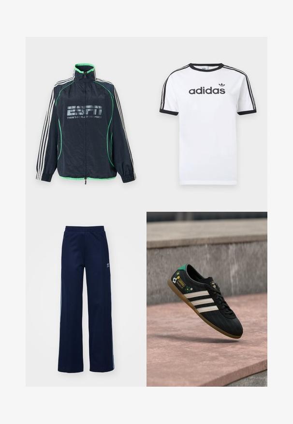 Marineblauwe Adidas sportjas met groene afwerking, witte drie strepen op de mouwen, ritssluiting aan de voorkant en het logo "ESPN There's No Place Like Sports".; Wit katoenen T-shirt met zwarte accenten, voorzien van een ronde hals, korte mouwen, drie zwarte strepen op de schouders en het "adidas"-logo in het zwart.; Marineblauwe katoenen joggingsbroek met een brede pijpdesign, elastische tailleband en ritszakken, voorzien van witte zijstrepen en logo-detail.; Zwarte sportschoen met witte strepen, een bovenwerk met patroon en bloemenaccenten, en een groene hiel. Rubberen zool zorgt voor grip.