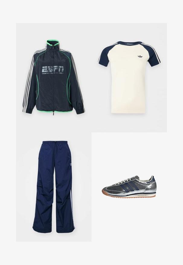 Meresinine Adidas spordijakk rohelise ääristuse ja valgete kolmetriipudega varrukatel, esikolmnurkne tõmblukk ning "ESPN There's No Place Like Sports" logo.; Lühikeste varrukatega kreemikas särg, millel on tumesinised raglaanvarrukad, varrukatel valged triibud ja väikene must Adidas logo rinnal.; Tumesinised, kergekaalulised püksid elastse vöökoha ja nööriga, millel on valged küljeribad ja väike logo ees. Lahtise lõikega.; Hõbedased sünteetilised tenninga navy triibudega, ümmargune varvas, valge vooder ja kummikreen. Omab tekstuuri pealmist osa ja nööriga sulgemist.