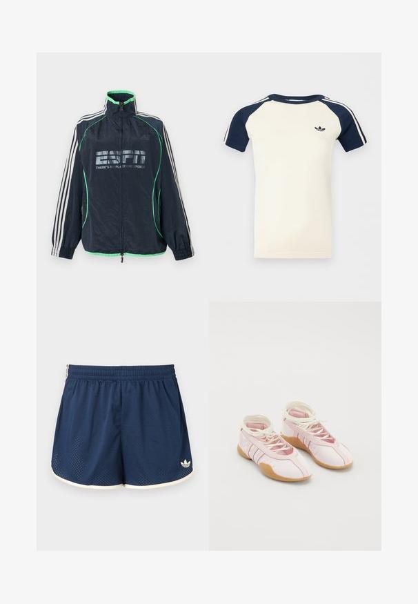 Chaqueta deportiva Adidas azul marino con ribete verde, tres rayas blancas en las mangas, cremallera frontal y logotipo "ESPN No hay lugar como el deporte".; Camisa de manga corta color crema con mangas raglán en azul marino, rayas blancas en las mangas y un pequeño logo negro de Adidas en el pecho.; Pantalones cortos deportivos azul marino con cintura elástica, ribete blanco, tela de malla transpirable y logo de Adidas en la parte inferior de la pierna derecha.; Zapatillas de lona rosa con una textura suave, que presentan un diseño de cordones y una suela de goma. Detalles decorativos y tres franjas en el lateral.