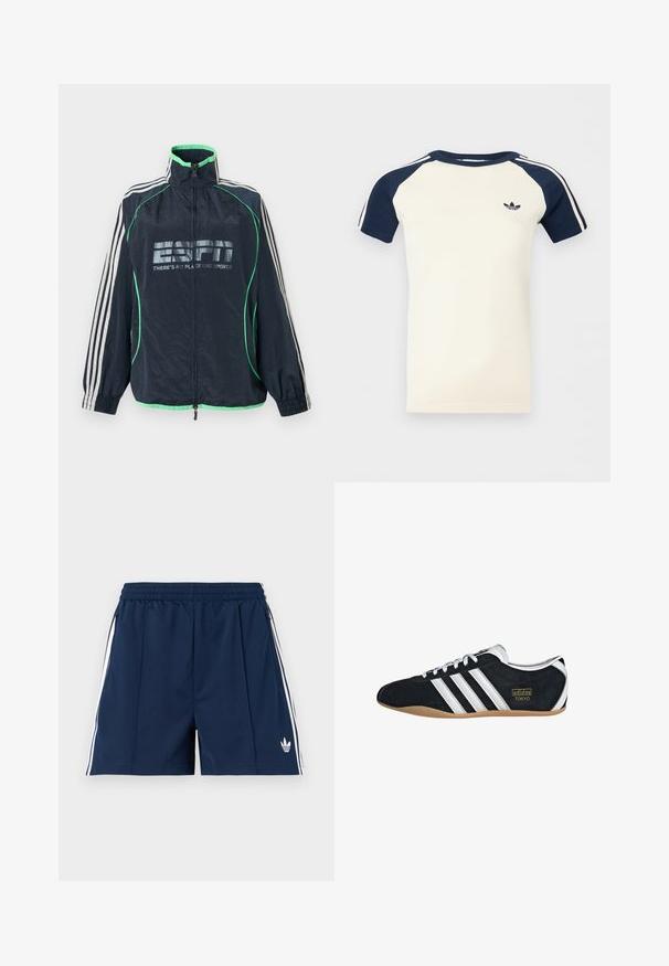 Meresinine Adidas spordijakk rohelise ääristuse ja valgete kolmetriipudega varrukatel, esikolmnurkne tõmblukk ning "ESPN There's No Place Like Sports" logo.; Lühikeste varrukatega kreemikas särg, millel on tumesinised raglaanvarrukad, varrukatel valged triibud ja väikene must Adidas logo rinnal.; Tumesinised sportlikud lühikesed püksid elastse vööümbermõõduga, valgete küljeribade, lukkudega taskute ja vasakul jalal väikese valge Adidas logo.; Must musta tennisjalanikesed valgete kolme triibuga, kuldse logo ja pruuni kummitaldiga. Omab madalat sidumise disaini.