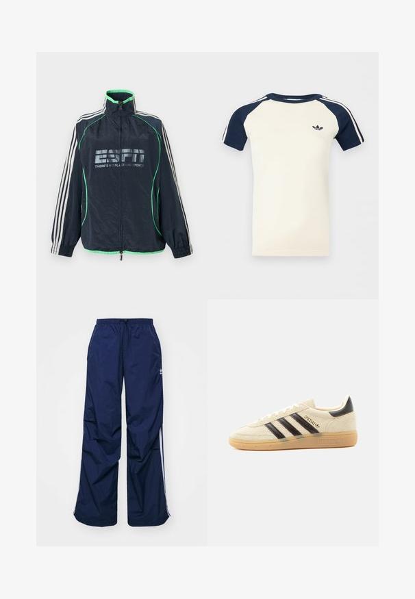Tmavomodrá športová bunda Adidas so zeleným lemovaním, bielymi tromi pruhmi na rukávoch, predným zipsom a logom "ESPN There's No Place Like Sports".; Krémová košeľa s krátkym rukávom a námorníckomodrými raglánovými rukávmi, biele pruhy na rukávoch a malým čiernym logom Adidas na hrudi.; Tmavomodré, ľahké nohavice s elastickým pásom a sťahovacou šnúrkou, so svetlými bočnými pásmi a malým logom na prednej strane. Strih voľného strihu.; Kréme semišová teniska s čiernymi pruhmi, gumovou podrážkou, čiernou pätovou pätkou a zlatým textom „SPEZIAL“ na strane.