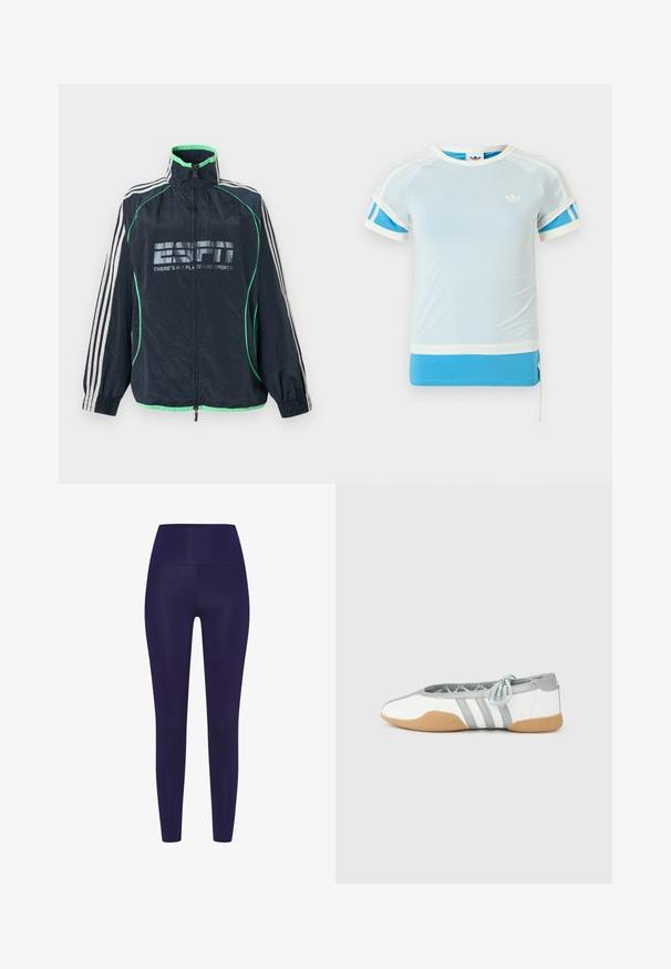 Marineblauwe Adidas sportjas met groene afwerking, witte drie strepen op de mouwen, ritssluiting aan de voorkant en het logo "ESPN There's No Place Like Sports".; Lichtblauw sportief T-shirt met witte accenten en blauwe zijkanten. Heeft een ronde hals en korte mouwen, gemaakt van gladde stof.; Navy blauwe leggings met een hoge tailleband, gemaakt van een gladde, rekbare stof. Het ontwerp heeft een aansluitende pasvorm zonder patronen.; Witte en grijze ballerina's met een ronde neus en elastische veters, met drie grijze strepen en een beige rubberen zool.