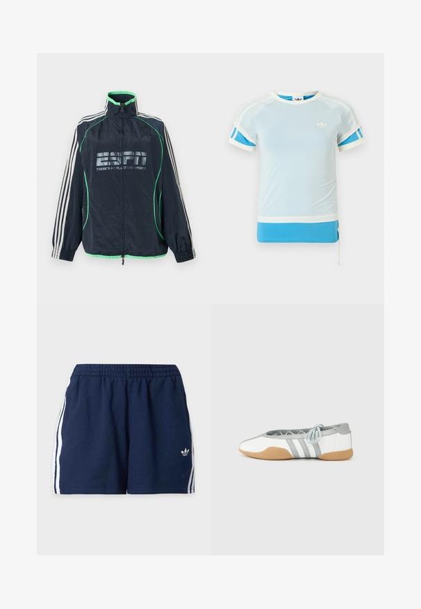 Αθλητικό μπουφάν Adidas σε ναυτικό μπλε με πράσινη επένδυση, λευκές τρεις ρίγες στα μανίκια, φερμουάρ μπροστά και λογότυπο «ESPN There's No Place Like Sports».; Ανοιχτό μπλε αθλητικό μπλουζάκι με λευκές λεπτομέρειες και μπλε πλευρικές πινελιές. Διαθέτει στρογγυλή λαιμόκοψη και κοντά μανίκια, κατασκευασμένο από λεία ύφασμα.; Σκούρα μπλε αθλητικά σορτς με ελαστική μέση, λευκές πλαϊνές ρίγες και μικρό λογότυπο Adidas στο αριστερό πόδι.; Λευκές και γκρι μπαλαρίνες με στρογγυλερή μύτη και ελαστική κορδέλα, με τρεις γκρι ρίγες, και μπεζ λαστιχένια σόλα.