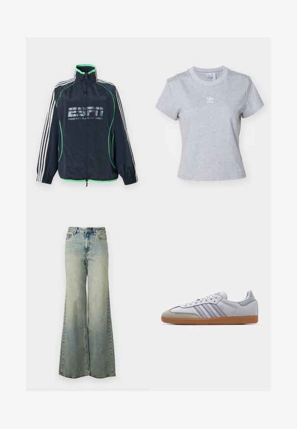 Tmavomodrá športová bunda Adidas so zeleným lemovaním, bielymi tromi pruhmi na rukávoch, predným zipsom a logom "ESPN There's No Place Like Sports".; adidas Originals ESS SLIM TEE - Základné tričko - medium grey heather; Svetlomodré džíny s voľným strihom, vyrobené z denimu, s vysokým pásom, vyblednutým umytím a bočnými vreckami s viditeľným stehom.; Biele kožené tenisky s svetlomodrými akcentmi, sivým semišovým špičkou a hnedou gumovou podrážkou. Obsahujú tri modré pruhy a branding "Samba".