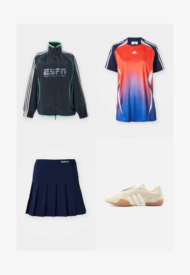Tmavomodrá športová bunda Adidas so zeleným lemovaním, bielymi tromi pruhmi na rukávoch, predným zipsom a logom "ESPN There's No Place Like Sports".; Adidas športová košeľa s krátkym rukávom s gradientom od červenej po modrú, s námorníckymi akcentmi a bielymi pruhmi pozdĺž ramien.; Námornícky skládací sukňa vyrobená z ľahkého materiálu; má elastický pás a malú zipsovú kapsu, s bielym logom Adidas vpredu.; Nízky béžový teniska s tromi bielymi pruhmi, textúrovanými semišovými bočnými panelmi, gumovou podrážkou a šnurovaním na jednofarebnom pozadí.