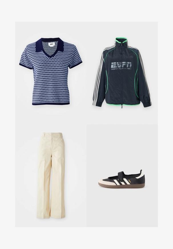 Meresinine Adidas spordijakk rohelise ääristuse ja valgete kolmetriipudega varrukatel, esikolmnurkne tõmblukk ning "ESPN There's No Place Like Sports" logo.; Sinine ja tumesinine lühikeste varrukatega polo, millel on V-kaelus, tekstuuriga geomeetriline muster ning ühetooniline tumesinine krae ja mansetid.; Beez värvi laiad püksid kõrge vöökohaga, sujuva kangaga ja korralikult pressitud eesrihmadega, valge ühtlase tausta ees.; Must ja beež vabaajajalats klõpsrihmaga, küljele on kolm valget triipu ning pruun tekstuuriga kummist tald. Brändi logo on nähtav.
