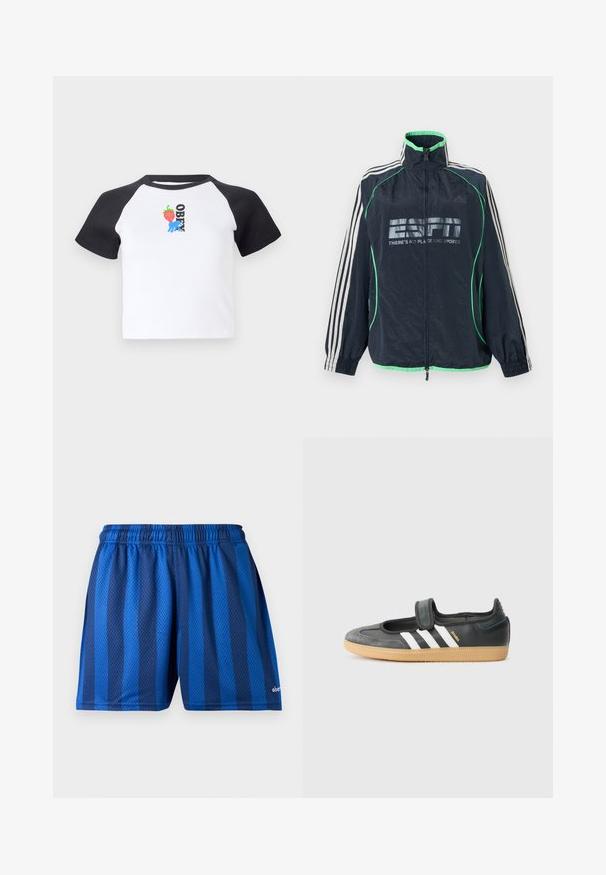 Marineblaue Adidas-Sportjacke mit grünem Rand, weißen drei Streifen an den Ärmeln, Frontreißverschluss und "ESPN There's No Place Like Sports"-Logo.; Kurzärmliges T-Shirt mit weißem Körper und schwarzen Raglanärmeln. Mit einem Erdbeere- und blauen Handgrafik sowie dem Schriftzug "OBEY" in Schwarz.; Blaue Sportshorts mit dunklen und hellen vertikalen Streifen und einem elastischen Bund aus atmungsaktivem Netzstoff.; Schwarze Leder- und Wildledersneaker mit einem Klettverschluss, ausgestattet mit drei weißen Streifen und einer Gummisohle, beschriftet mit "SAMBA" an der Seite.