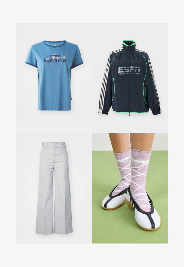 Tmavomodrá športová bunda Adidas so zeleným lemovaním, bielymi tromi pruhmi na rukávoch, predným zipsom a logom "ESPN There's No Place Like Sports".; Modrá bavlnená tričko s krátkymi rukávmi, námorníckym lemovaním, s nápisom "new balance" a kvetinovými vzormi v bielej a žltej farbe na prednej strane.; Svetlošedé nohavice s širokými nohavicami vyrobené z bavlneného zmesi, so zvýšeným pásom, štruktúrovaným pásom a viditeľným prešívaním.; Nohy v rebrovaných levanduľových ponožkách s bielymi krížovými pásmi v kombinácii s bielymi baletnými papučkami s čiernym lemom na zelenej podlahe.