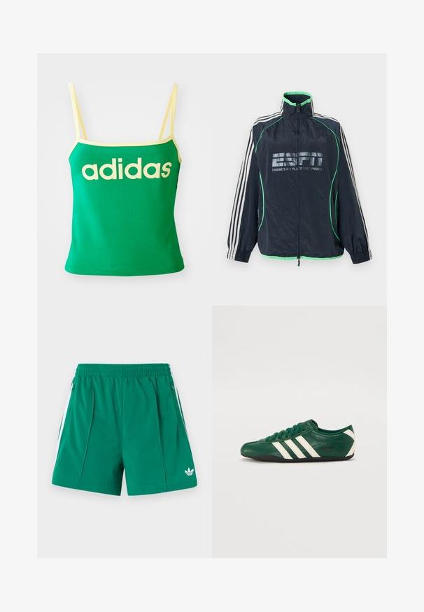 Tmavomodrá športová bunda Adidas so zeleným lemovaním, bielymi tromi pruhmi na rukávoch, predným zipsom a logom "ESPN There's No Place Like Sports".; Zelený tank top s žltými akcentmi, vyrobený z elastického materiálu. Má veľké žlté logo "adidas" na prednej strane a tenké ramienka.; Zelené športové šortky s elastickým pásom, bielymi bočnými pruhmi, vreckami so zipsom a malým bielym logom Adidas na dolnej pravej nohe.; Zelené kožené tenisky s bielymi pruhmi, okrúhlou špičkou, šnurovaním, čiernou podrážkou a brandingom "adidas TOKYO" po strane.