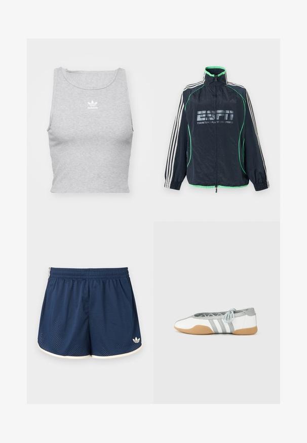 Marineblauwe Adidas sportjas met groene afwerking, witte drie strepen op de mouwen, ritssluiting aan de voorkant en het logo "ESPN There's No Place Like Sports".; Grijze, mouwloze crop top gemaakt van een zachte stof, met een ronde halslijn en een klein wit Adidas-logo op de borst.; Marineblauwe sportshorts met elastische tailleband, witte bies, ademende meshstof en Adidas-logo op het onderste rechterbeen.; Witte en grijze ballerina's met een ronde neus en elastische veters, met drie grijze strepen en een beige rubberen zool.