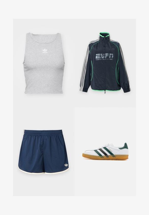 Chaqueta deportiva Adidas azul marino con ribete verde, tres rayas blancas en las mangas, cremallera frontal y logotipo "ESPN No hay lugar como el deporte".; Top corto sin mangas gris, hecho de un tejido suave, con un escote redondo y un pequeño logo blanco de Adidas en el pecho.; Pantalones cortos deportivos azul marino con cintura elástica, ribete blanco, tela de malla transpirable y logo de Adidas en la parte inferior de la pierna derecha.; Zapatilla de cuero blanca con franjas verdes y negras; suela de goma; caja de dedos texturizada; logo dorado "Gazelle" en el lado.