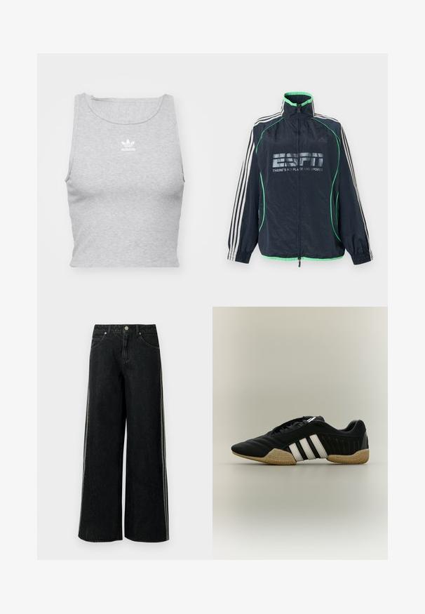 Tmavomodrá športová bunda Adidas so zeleným lemovaním, bielymi tromi pruhmi na rukávoch, predným zipsom a logom "ESPN There's No Place Like Sports".; Šedý, bezrukávový crop top vyrobený z jemnej látky, s okrúhlym výstrihom a malým bielym logom Adidas na hrudi.; Čierne široké džínsové nohavice s bočnými pruhmi, prednými vreckami, pútkami na opasok a kovovým gombíkom na zapínanie v páse.; Čierna športová obuv s bielymi pruhmi a béžovou textúrovanou podrážkou na neutrálom pozadí, zobrazená zo strany.