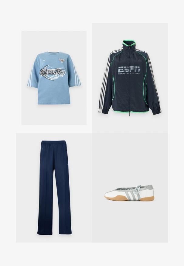 Αθλητικό μπουφάν Adidas σε ναυτικό μπλε με πράσινη επένδυση, λευκές τρεις ρίγες στα μανίκια, φερμουάρ μπροστά και λογότυπο «ESPN There's No Place Like Sports».; Φωτεινό γαλάζιο oversized T-shirt με λευκές ρίγες στα μανίκια, παραμορφωμένο κείμενο "Questra" και δύο μικρά γραφικά patches στο στήθος.; Μπλε σκούρο αθλητικό παντελόνι με ελαστική μέση, πλαϊνές τσέπες με φερμουάρ, ίσια γραμμή και μικρό λευκό λογότυπο στο δεξί μηρό.; Λευκές και γκρι μπαλαρίνες με στρογγυλερή μύτη και ελαστική κορδέλα, με τρεις γκρι ρίγες, και μπεζ λαστιχένια σόλα.