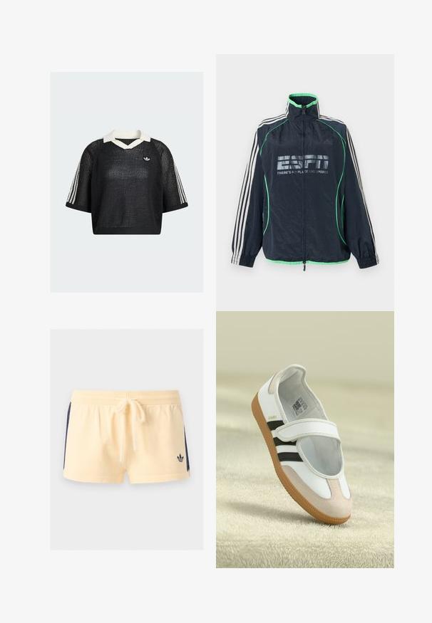 Marineblauwe Adidas sportjas met groene afwerking, witte drie strepen op de mouwen, ritssluiting aan de voorkant en het logo "ESPN There's No Place Like Sports".; Zwart kortemouwen mesh trui met witte kraag, Adidas-logo op de borst en drie witte strepen langs de mouwen.; Beige korte broek met elastische tailleband, trekkoord, donkerblauwe zijpanelen en klein zwart Adidas-logo op het voorste linkerbeen.; Witte schoen met een roze suède neus, zwarte strepen en een klittenbandsluiting. Heeft een tan rubberen zool en een logo aan de zijkant.