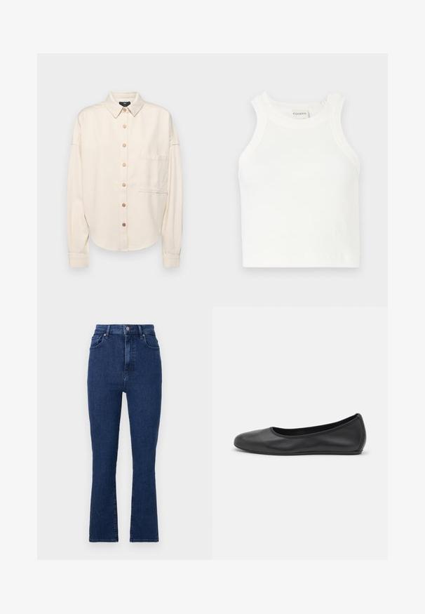Chemise à manches longues couleur crème, avec un bouton sur le devant, col, coupe ample, poche poitrine unique et texture subtile. Accents en boutons bronze.; Débardeur blanc à côtes avec des bretelles larges et une silhouette ajustée. Présente un petit logo en relief près de l'ourlet.; Jeans taille haute bleu foncé en tissu en denim avec une coupe droite, dotés de poches avant et d'une fermeture à bouton en métal.; Ballerines en cuir noir avec un bout rond, texture lisse, détails de couture minimalistes et design de semelle flexible.
