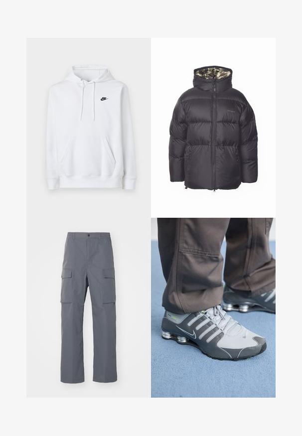 Zwarte pufferjack met een ritssluiting aan de voorkant, grote capuchon en zijzakken. Het interieur heeft een camouflagepatroon. Gemaakt van gequilt, geïsoleerd materiaal.; Witte hoodie met voorzak, trekkoord in de kap en klein zwart Nike-logo op de linkerborst.; Grijze cargobroek van duurzaam materiaal. Kenmerken zijn een elastische tailleband, twee grote zijzakken en een rechte pijp.; Grijze en zilveren Nike Shox sneakers hebben een strakke uitstraling, met een combinatie van mesh en synthetische materialen, een ronde neus en een gevoerde kraag.