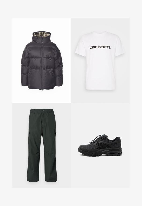 Sort puffjakke med lynlås foran, stor hætte og sidelommer. Indersiden har et camouflage mønster. Fremstillet af kviltet, isoleret materiale.; Hvid bomulds t-shirt med korte ærmer og rund halsudskæring. Har et stort "carhartt" logo i mørkebrun på tværs af brystet.; Mørkegrøn cargo bukser med en afslappet pasform, elastisk talje, sydde lommer og en glat, let stofstruktur.; Sort atletisk sneaker med tekstureret stof, tyk polstret sål, luftventiler og snørelukning, vist fra siden på en lys baggrund.