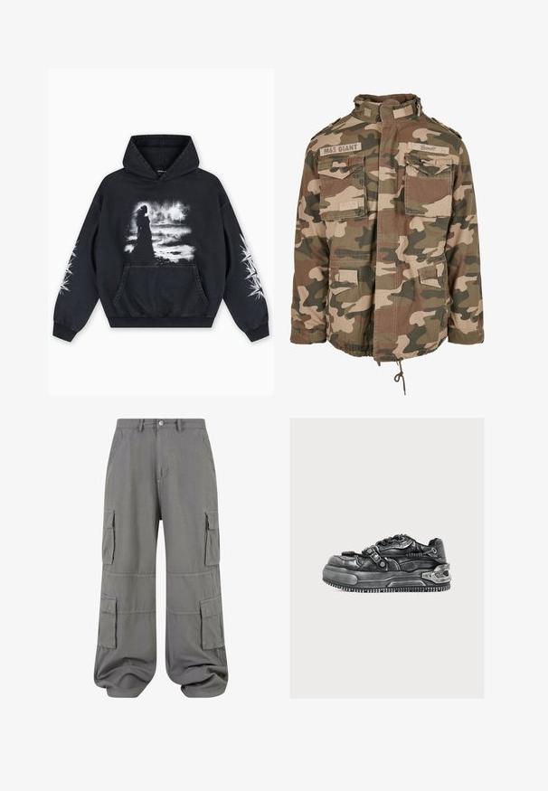 Chaqueta de camuflaje con cuello alto, múltiples bolsillos frontales, dobladillo con cordón, hecha de tela ligera en tonos terrosos de verde y marrón.; Sudadera con capucha negra con un estampado gráfico frontal de una figura sobre un fondo nublado. Incluye un bolsillo tipo canguro y patrones de estrellas en las mangas.; Pantalones cargo grises hechos de tejido ligero, con dos bolsillos laterales, dos bolsillos tipo cargo y un dobladillo elástico para un ajuste relajado.; Zapatilla futurista negra con suela gruesa, hebilla metálica y detalles en cuero texturizado sobre un fondo claro y sencillo.