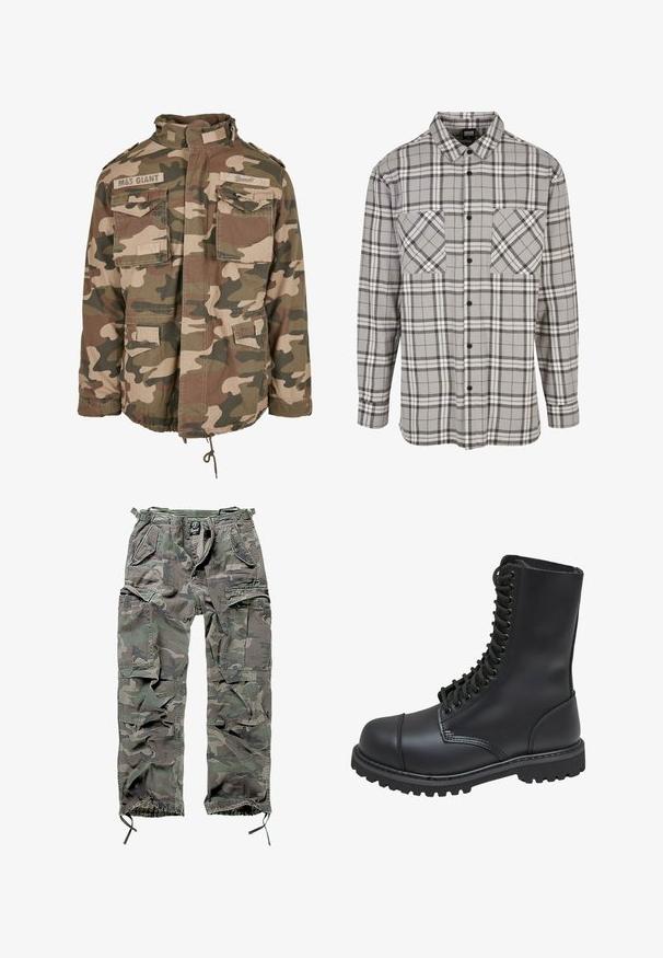 Chaqueta de camuflaje con cuello alto, múltiples bolsillos frontales, dobladillo con cordón, hecha de tela ligera en tonos terrosos de verde y marrón.; Camisa de manga larga a rayas grises hecha de tela con cierre de botones, que presenta dos bolsillos en el pecho y un cuello clásico.; Pantalones cargo camuflados en verde y gris, con múltiples bolsillos, cintura elástica, puños de tobillo ajustables y un corte relajado.; Bota de combate de cuero negro con caña alta, parte frontal con cordones, cuello acolchado y suela texturizada resistente para un buen agarre. Presenta una puntera reforzada.