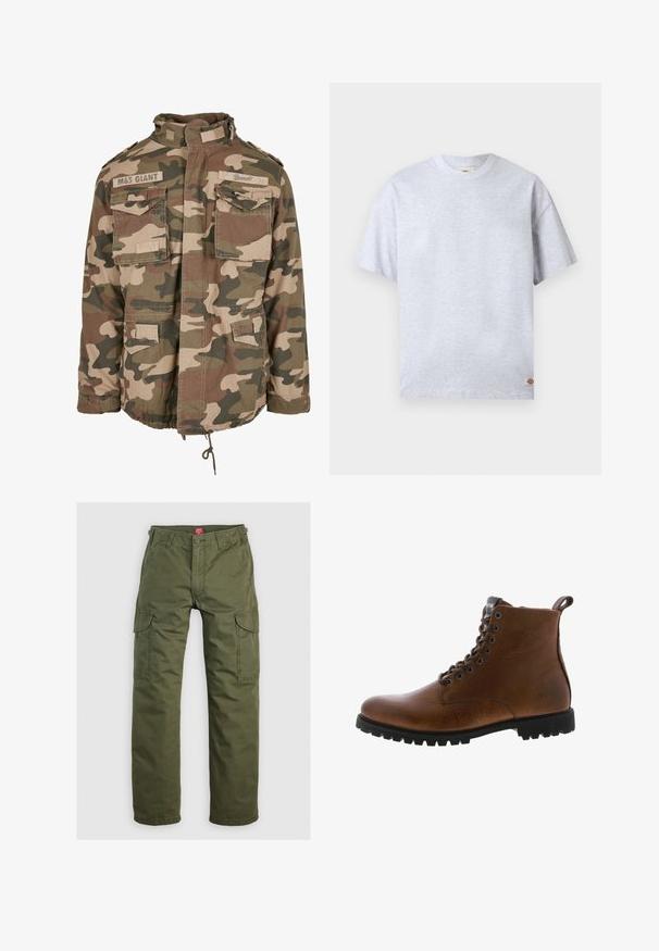 Camo-Jacke mit hohem Kragen, mehreren vorderen Taschen, Kordelzugsaum, aus leichtem Stoff in erdigen Grüntönen und Braun.; Schlichtes hellgraues T-Shirt mit kurzen Ärmeln und Rundhalsausschnitt, versehen mit einem kleinen rechteckigen Logotag am unteren rechten Saum.; Olivgrüne Cargo-Hosen aus strapazierfähigem Material, mit Seitentaschen, Knopfverschluss und geradem Bein.; Braune Lederstiefeletten mit strukturiertem Finish, metallischen Ösen und schwarzer Gummisohle. Mit Zuglasche hinten für einfaches An- und Ausziehen.