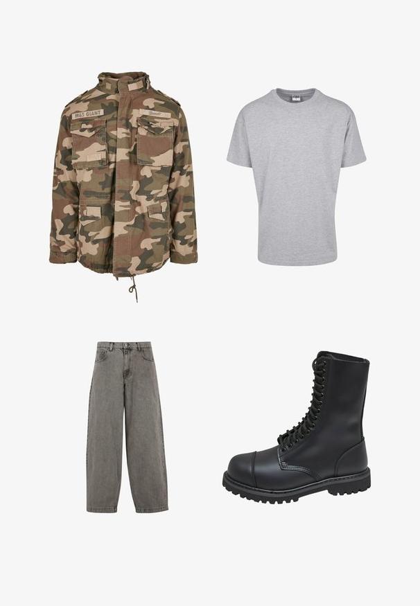 Camo-jack met hoge kraag, meerdere voorkouwen, trekkoord aan de onderkant, gemaakt van lichtgewicht stof in aardetonen van groen en bruin.; Grijze katoenen t-shirt met een ronde halslijn en korte mouwen. Eenvoudig ontwerp, geen patronen of accenten. Klassieke ontspannen pasvorm.; Grijze denimbroek met een hoge taille, wijd gesneden pijpen, klassiek vijf-pocket ontwerp en een knoopsluiting aan de voorkant. Licht gestructureerde afwerking.; Zwarte leren gevechtslaars met een hoge schacht, vetersluiting aan de voorkant, gewatteerde kraag en een stevige, gestructureerde zool voor grip. Bevat een versterkte neus.