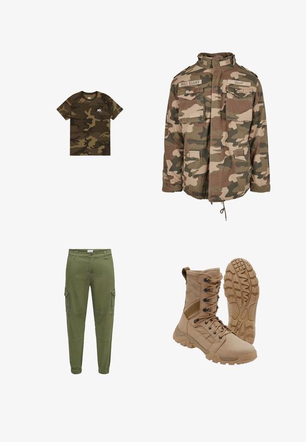Camo-jack met hoge kraag, meerdere voorkouwen, trekkoord aan de onderkant, gemaakt van lichtgewicht stof in aardetonen van groen en bruin.; Camo t-shirt in olijfgroen, bruin en zwart, met korte mouwen, ronde halslijn, voorzien van een klein wit logo op de borst. Zacht katoenen materiaal.; Olijfgroene cargobroek van een katoenmix, met zijzakken, elastische boorden en zichtbare stikdetails voor extra textuur.; Tan tactische laars met veterontwerp tot aan de enkel en stevige rubberen zool, één laars rechtopstaand en één die het profielpatroon toont.