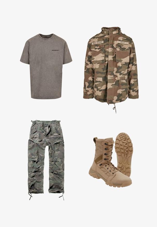 Camo dzseki magas gallérral, több elülső zsebbel, húzózsinórral ellátott derékkal, könnyű anyagból, földszínekben, zöld és barna árnyalatokban.; Szürke, oversized pamut póló, kopott hatással. Kerek nyakkivágással rendelkezik, és egy kis fekete logó található a mellrészen.; Zöld és szürke kamuflázs cargo nadrág, több zsebbel, rugalmas derékpánttal, állítható bokarészekkel és laza szabással.; Barna taktikai bakancs boka magasságú fűzővel és masszív gumitalppal, az egyik bakancs áll, a másik a talpmintát mutatja.