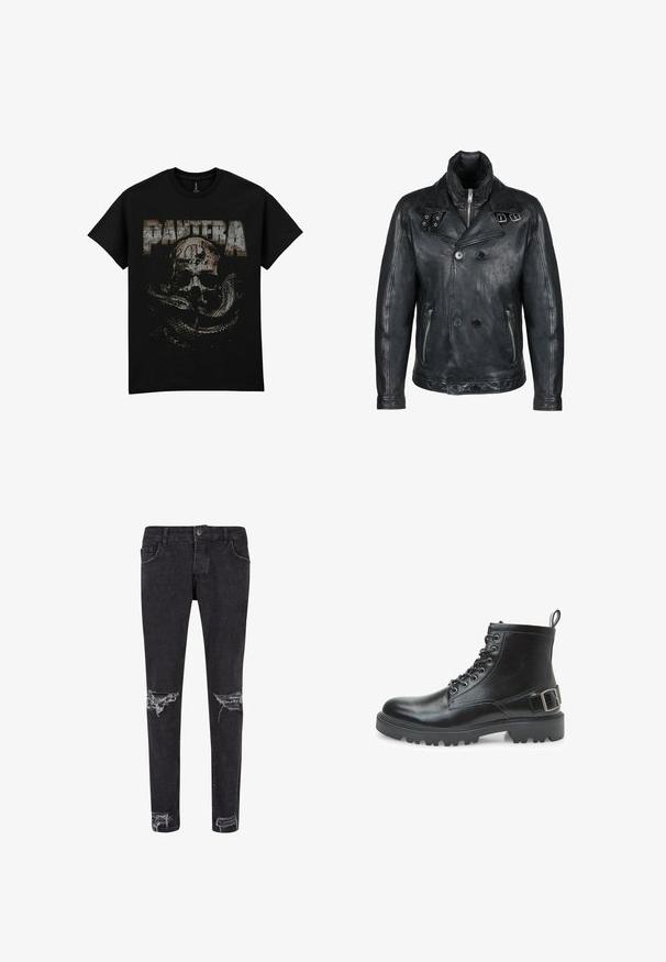 Schwarze Lederjacke mit Doppelreiher-Design, Reißverschluss und Knopfverschlüssen, zwei Seitentaschen und einem gesteppte Kragenfutter.; Schwarzes Baumwoll-T-Shirt mit einem vintage Grafikdesign von einem Schädel und einer Schlange, versehen mit dem Wort "PANTERA" in großen, abgenutzten Buchstaben.; Schwarze Denim-Jeans im Slim-Fit-Stil, mit ausgefransten Knie-Patches und Fransen-Details. Standardbund mit Knopfverschluss und fünf Taschen.; Schwarzer Lederkampfstiefel mit Schnürsenkeln, Metallösen, robustem Sohlen, einer Schlaufe am Absatz und einem dekorativen Schnallenriemen an der Seite.