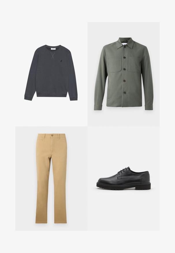 Dunkelgrüne Jacke mit umgeschlagenem Kragen, Knopfverschluss und zwei Brusttaschen. Glattes Gewebe mit tailliertem Schnitt. Die Knöpfe sind braun.; Dunkelgrauer Sweatshirt, Baumwollmaterial, Rundhalsausschnitt, lange Ärmel, mit X-Nähten am Ausschnitt, kleines Logo auf der linken Brust.; Hellekhakifarbene, gerade geschnittene Baumwollhosen mit einem Knopfverschluss, Fronttaschen und einer glatten Textur.; Schwarzer Lederschuh mit abgerundeter Zehenpartie, glatter Oberfläche und minimaler Nahtführung. Verfügt über eine Schnürverschluss und eine dicke, strukturierte Gummisohle.