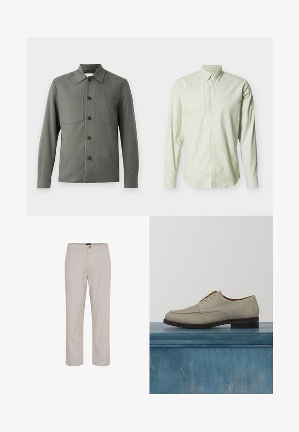 Veste vert foncé avec un col replié, fermeture à boutons et deux poches poitrine. Tissu lisse avec une coupe ajustée. Les boutons sont marron.; Chemise à manches longues boutonnée avec des rayures verticales vert clair et blanches, col boutonné, sur un fond uni.; Pantalons rayés gris clair, coupe droite, avec une fermeture à bouton unique à la taille et deux poches avant. Texture lisse.; Chaussure en daim beige avec un design à lacets, bout arrondi et semelle marron foncé. Présente une texture lisse et des détails de couture minimalistes.
