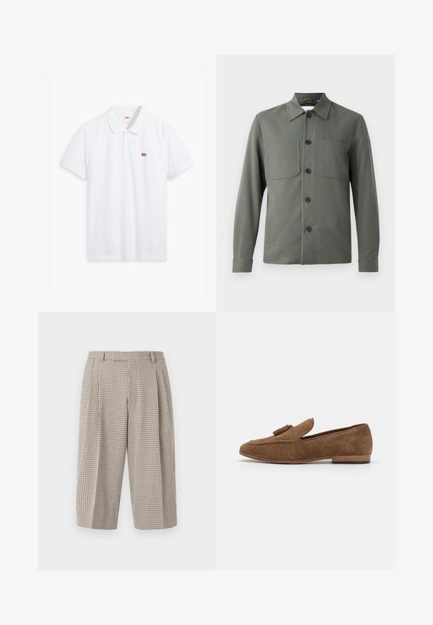 Chaqueta verde oscuro con cuello doblado, cierre de botones y dos bolsillos en el pecho. Tela suave con un corte ajustado. Los botones son marrones.; Polo blanco hecho de algodón. Presenta una tapeta de tres botones, mangas cortas y un pequeño logo rojo de Levi's en el lado izquierdo del pecho.; Pantalones recortados de tiro alto y pierna ancha con patrón de cuadros pequeños en beige y negro, trabillas para cinturón y pinzas delanteras.; Mocasines de ante marrón con un acento de borlas, de perfil bajo, punta redondeada y una superficie texturizada, montados sobre un tacón de madera apilado.