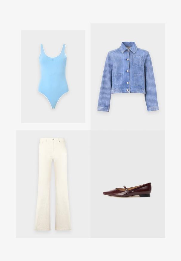 Veste en denim rayée bleue avec un col à revers, une fermeture à boutons sur le devant, une poche poitrine et deux poches avant. Manches mi-longues avec poignets.; Body sans manches bleu clair avec encolure dégagée et bordure blanche, avec un petit logo centré sur la poitrine.; Jean en denim blanc évasé avec taille haute, doté de poches avant et d'une fermeture à bouton, texture lisse et détails de couture soignés.; Chaussure plate en cuir verni bordeaux avec un bout pointu et une sangle décorative sur le cou-de-pied. Présente un petit talon noir.