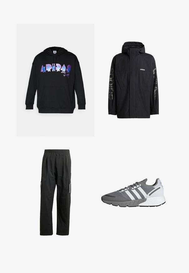 Čierna bunda adidas s vysokým golierom, nepremokavým materiálom, bočnými vreckami a veľkým nápisom "adidas" na ľavom rukáve.; Čierna mikina s kapucňou so širokým, farebným gradientom loga "ADIDAS" dizajnovaným Jeremy Scottom, klokanie vrecko a kapucňa na šnúrku.; Čierne cargo nohavice s elastickým pásom, bočnými vreckami a reflexnými detailmi. Vyrobené z ľahkého, vodeodolného materiálu.; Šedá a biela športová obuv s priedušným zvrškom, tromi bielymi pruhmi, polstrovanou podrážkou a textúrovanou šedou gumovou podrážkou.