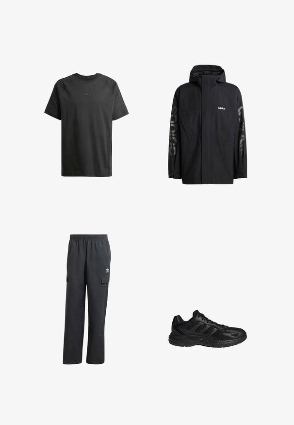 Chaqueta negra de adidas con cuello alto, material impermeable, bolsillos laterales y la gran inscripción "adidas" en la manga izquierda.; Camiseta de algodón negra con mangas raglán cortas, que presenta un sutil logo en relieve en el pecho y una textura suave en todo su diseño.; Pantalones cargo negros con una cinturilla elástica, dos bolsillos laterales y un logo sutil en el muslo izquierdo. Fabricados con una tela ligera.; Zapatilla deportiva negra con parte superior de malla y sintético, suela acolchada etiquetada como "Cloudfoam" y cierre de cordones, mostrada de perfil.