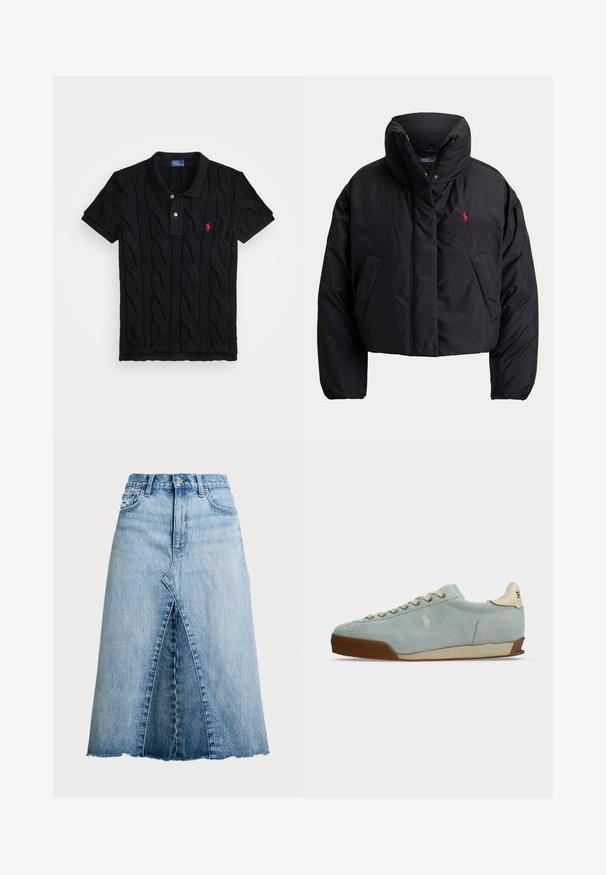 Chaqueta acolchada negra con cuello alto, bolsillos delanteros, logo bordado en rojo en el pecho izquierdo y cremallera con cierre de botón a presión.; Polo negro de punto con patrón de trenzado, mangas cortas y un cuello negro en contraste. Presenta tres botones y un detalle del logo en rojo.; Polo Ralph Lauren PANELED DENIM A LINE SKIRT - Falda acampanada - lindale wash; Zapatilla de ante azul claro con suela beige y marrón, cordones beige y un pequeño logo bordado en el lateral.