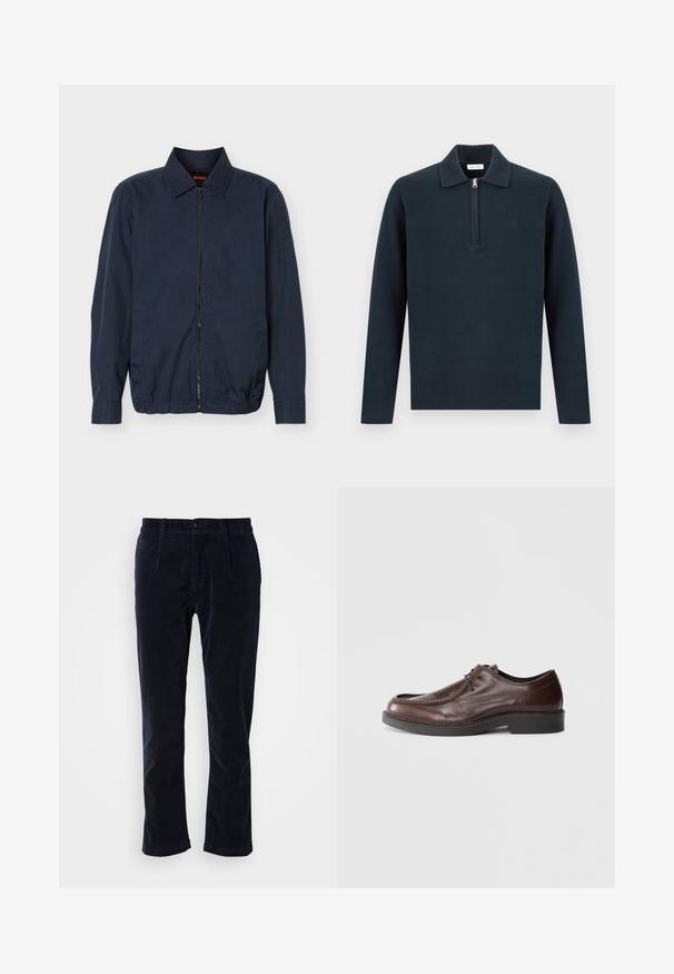 Lichte herenjas in marineblauw met rits, kraag, lange mouwen, twee zijzakken en elastische zoom.; Donkerblauwe pullover met lange mouwen, kraag en halve ritssluiting aan de voorkant, getoond tegen een effen lichte achtergrond.; Marineblauwe corduroy broeken met een platte voorkant, twee zijzakken en een enkele knoopsluiting. Zacht van textuur, licht toelopende pijpen.; Bruine leren nette schoen met een ronde neus, minimale stiksels en een stevige zwarte zool. Voorzien van vetersluiting en een gladde textuur.