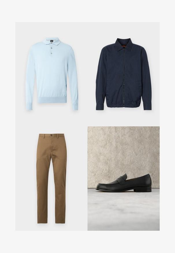 Veste légère zippée pour homme de couleur bleu marine avec col, manches longues, deux poches latérales et ourlet élastique.; Pull-over bleu clair à manches longues, col plat et patte de boutonnage à trois boutons. Fabriqué en matière douce avec une coupe ajustée et un ourlet côtelé.; Pantalon chino kaki homme coupe slim avec passants de ceinture, fermeture boutonnée devant et jambes droites sur fond uni.; Mocassin en cuir noir flottant au-dessus d'un tapis beige avec une table ronde brune brillante en arrière-plan.