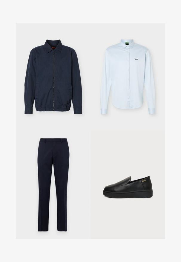 Lichte herenjas in marineblauw met rits, kraag, lange mouwen, twee zijzakken en elastische zoom.; Lichtblauw overhemd met lange mouwen, knopen en kraag, zwart "BOSS"-logo op de linkerborst en manchetten met knopen.; Navy blauwe slim-fit formele broeken met riemlussen en doorgestikte plooien, weergegeven tegen een effen witte achtergrond.; Zwart leren instapschoenen met dikke zool en kleine ventilatiegaatjes aan de zijkant, met het gouden "HUGO"-logo nabij de hak.